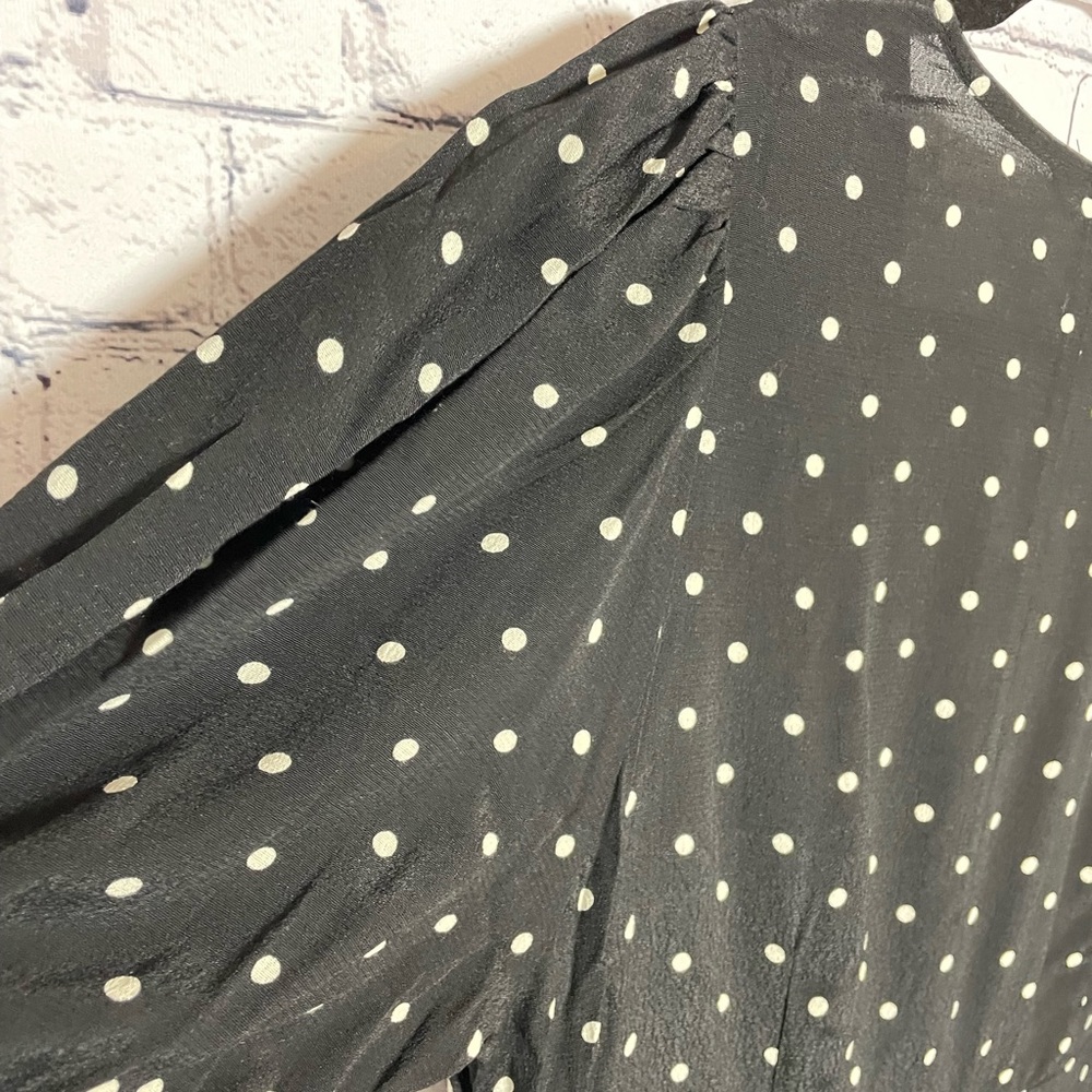 New H&M Black and White Polka Dot Puff Sleeve Crepe V Neck Dress Size L - Picture 11 of 16